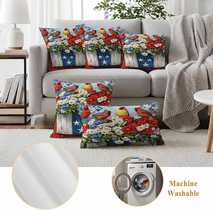 Cardinal Bird Poppy Outdoor Waterproof Throw Pillow Covers Set of 2, 18"x18", 4th of July Patriotic USA Flag Decorative Pillow Covers Outside Cushion Case for Patio Porch Garden