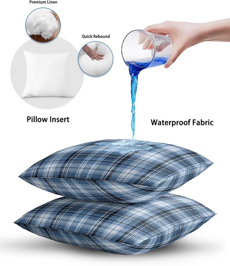 Waterproof Outdoor Pillow Set of 2 Blue Checked Plaid Decorative Throw Pillows Cover & Insert 16x16 Inch Pillowcase Stripes Woven Grid Square Pillows for Couch Sofa Bed Patio Furniture Indoor Outdoor