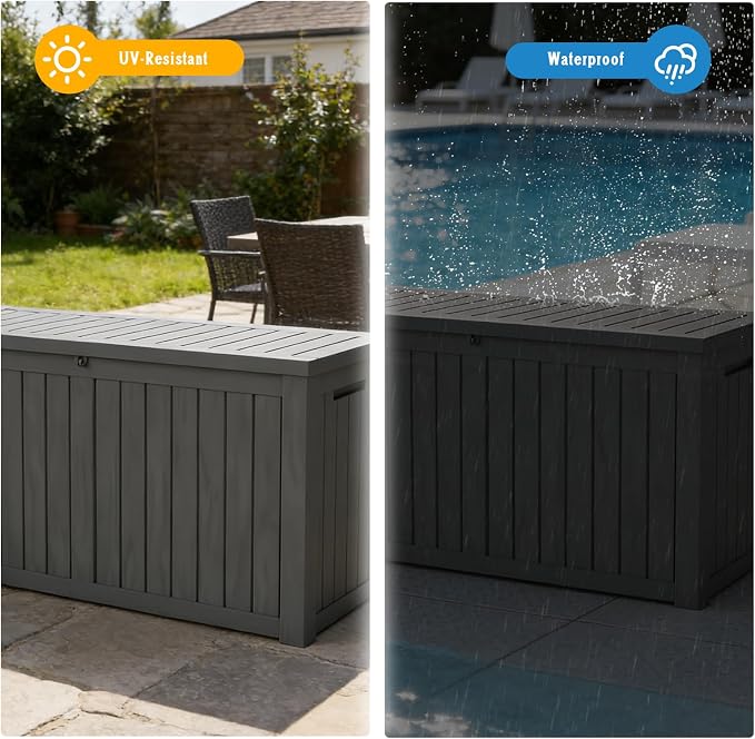 150 Gallon Waterproof Resin Outdoor Storage Box, Lockable & UV Resistant | Patio Deck Boxes, Outside Storage for Patio Cushions, Pool Toys, Garden Tools & Package Delivery, Black