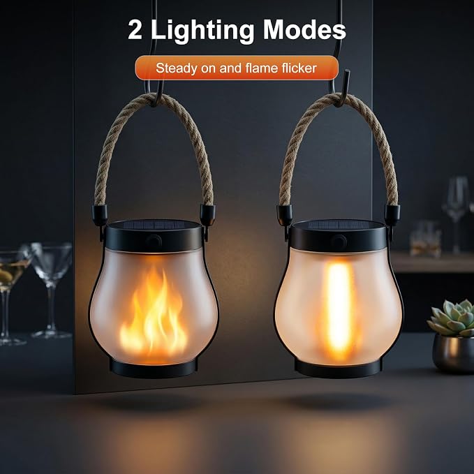 Solar Lanterns Outdoor Waterproof 6-Pack, Flickering Flame Effect | Rechargeable lanterns with USB-C charging, a decorative hanging design, and dusk-to-dawn use for patios, porches and gardens