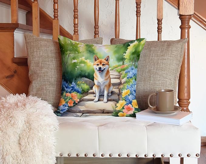 Caroline's Treasures Shiba Inu Spring Path Throw Pillow Machine Washable, Indoor Outdoor Decorative Pillow for Couch, Bed or Patio, 14Hx14W