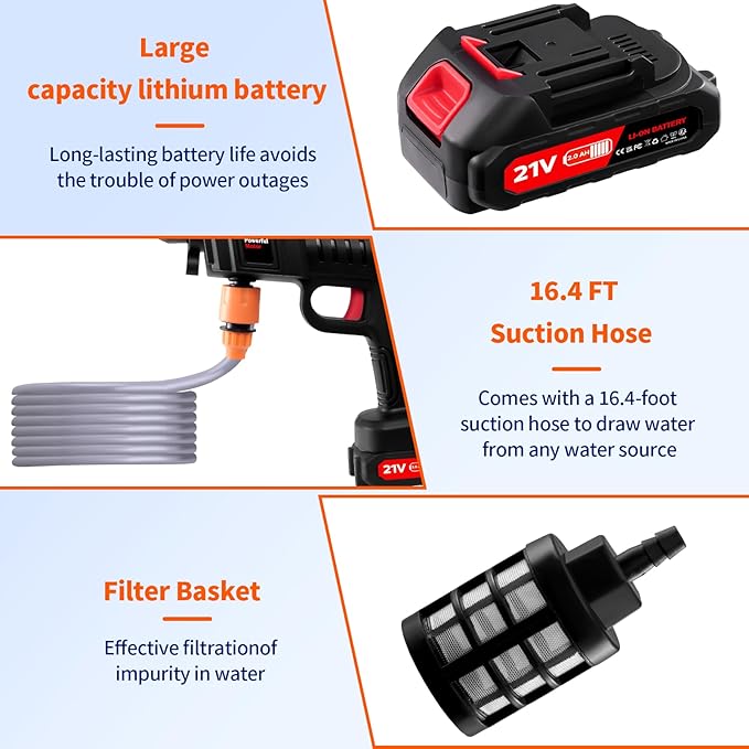 21V Cordless Pressure Washer with 2*2000mAh Battery, 1500W Portable Pressure Washer, High Jet Washer Kit with 2 Nozzles(0°,40°), 16.4FT Hose, Connector, Foam Bottle Pressure Cleaner for Car