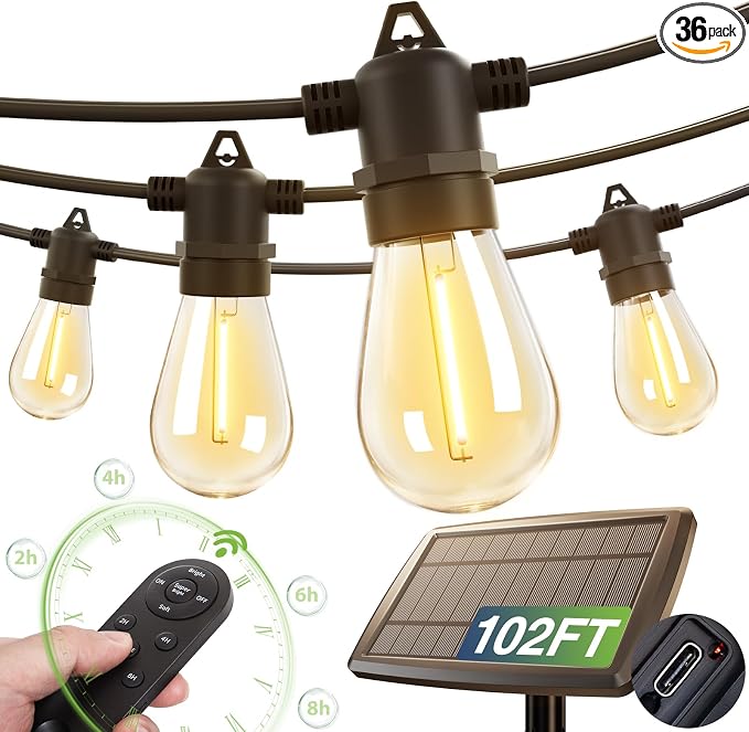 addlon 102FT(96+6) Solar String Lights Outdoor, Last 20+ Hrs, USB Charging | IP65 Waterproof. Dimmable Timer via Remote. Memory, 3 Modes, 2700K Warm White. Easy Install for Patio, Backyard, Porch.