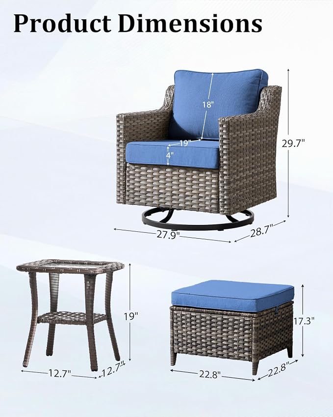 Outdoor Furniture Set of 5, Patio Furniture Set with Wicker Swivel Rocker Chairs, Ottomans and Side Table, High Back&Deep Seat for Garden Deck Porch Balcony Backyard - Blue