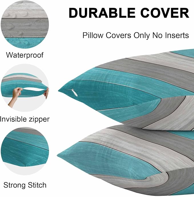 Outdoor Throw Pillow Covers 24X24 Set of 2 Waterproof Ombre Aqua Blue Gray Decorative Zippered Cushion Covers for Patio Furniture, Farmhouse Retro Rustic Barn Wood Texture Lumbar Pillowcases