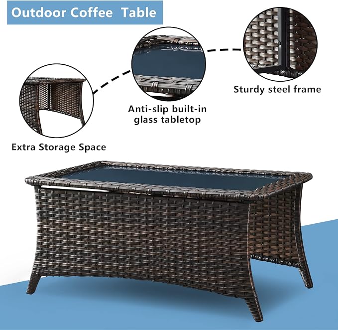 HUMMUH 6 Pieces Outdoor Patio Furniture Set Wicker Swivel Patio Chairs with Ottomans 2 Seater Outdoor Sectional Sofa/Patio Loveseat with Coffee Table