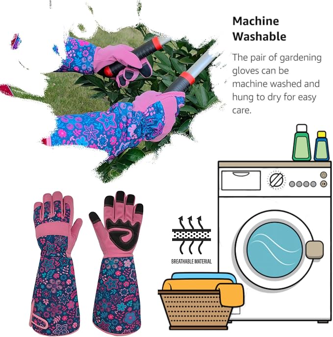 Thornproof Rose&Cactus Gardening Gloves,Gauntlet Garden Glove,Gifts | Canvas,Cute Floral Pattern,Leather Palm,Touchscreen,Durable Material,Garden Gift,Men&Women,Machine Washable,Adjustable Cuff