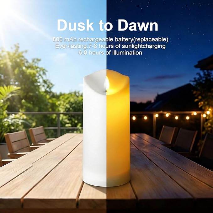 Solar Garden Decor for Outside-Solar Candles Outdoor Waterproof, Flameless LED Candles Rechargeable, Solar Powered Candles Dusk to Dawn for Patio Lantern Garden Table Decorations, Set of 2, 3.25" x 8"