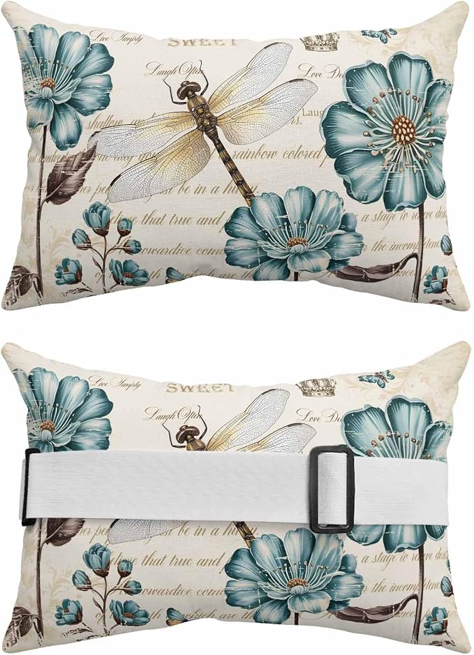 Outdoor Lumbar Pillow Set of 1, Dragonfly Flowers Waterproof Beach Headrest Pillow with Inserts, Vintage Botanical Teal Floral Leaf Beige Recliner Throw Pillows for Patio Furniture, 11 x 16