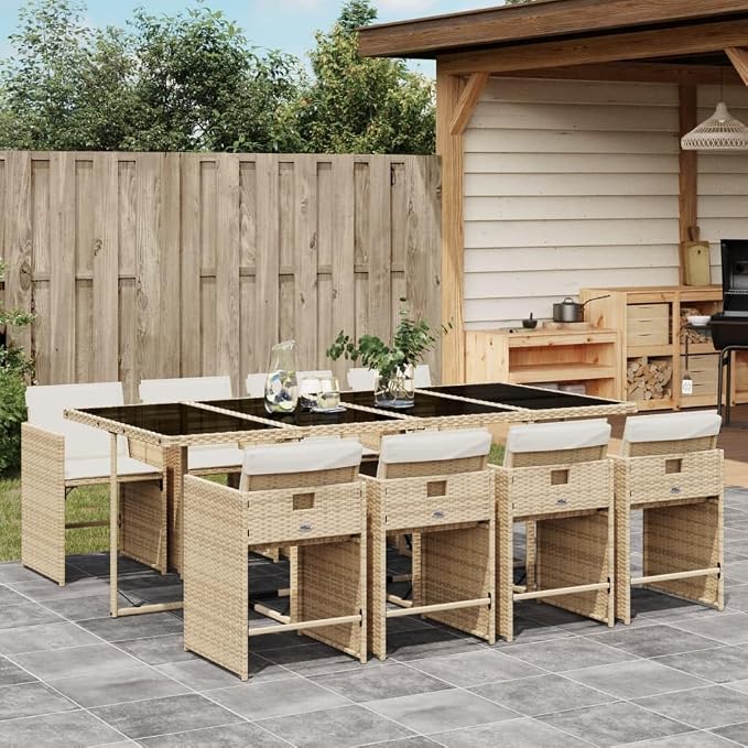 9 Piece Patio Dining Set with Cushions Beige Poly Rattan Outdoor Furniture Table and 8 Folding Chairs with Removable Cushion Covers for Backyard Garden Poolside