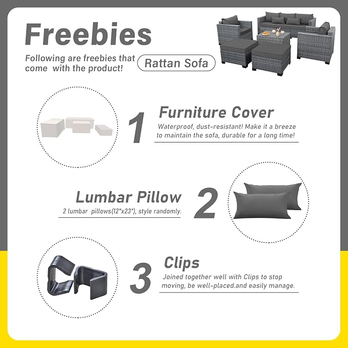 Lviden 6 Pieces Wicker Patio Furniture Sets Outdoor Conversation Set HDPE Rattan Sectional Sofa Couch with Storage Table and Non-Slip Cushions, Light Grey