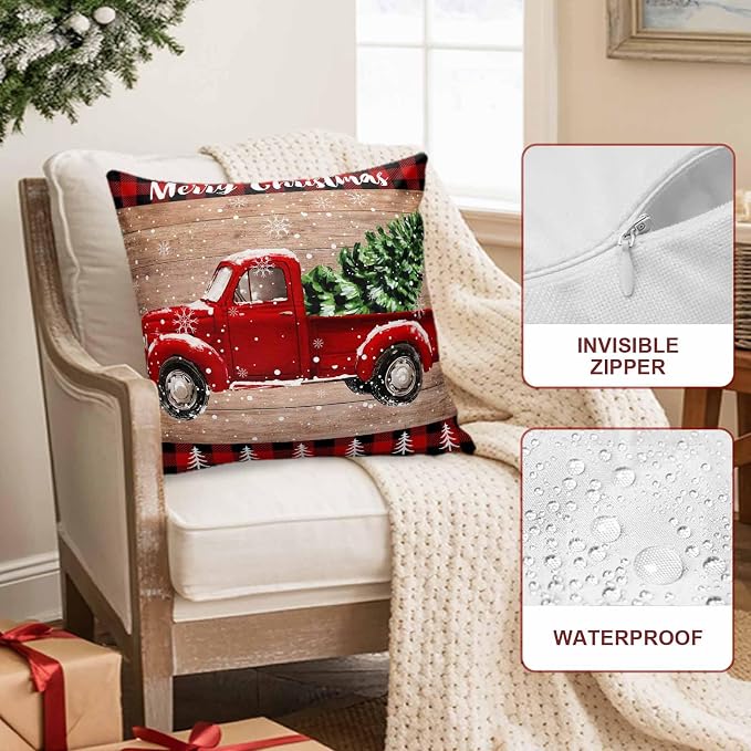 YOKOU Outdoor Throw Pillow Covers, Merry Christmas Truck Tree Vintage Board Wood Grain Buffalo Check Waterproof Pillowcases Cushion Covers Cases for Patio Couch Bench, Pack of 2 Square, 18"X18"