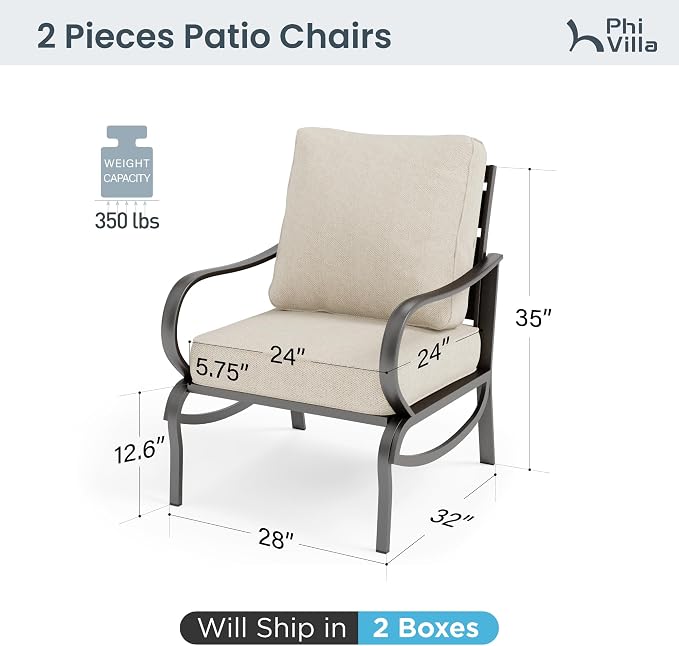 PHI VILLA Patio Furniture Conversation Set for 2, Deluxe Outdoor Patio Set with 2 Stable Padded Sofa Chair