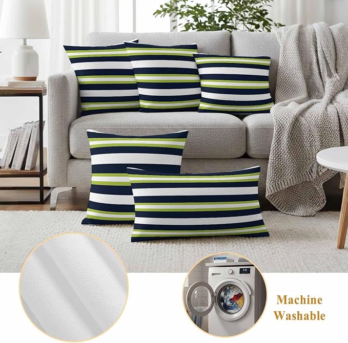 Green and Outdoor Waterproof Throw Pillow Covers Set of 2, 18"x18", Dark Blue Stripes Minimalist Abstract Striped Decorative Pillow Covers Outside Cushion Case for Patio Porch Garden