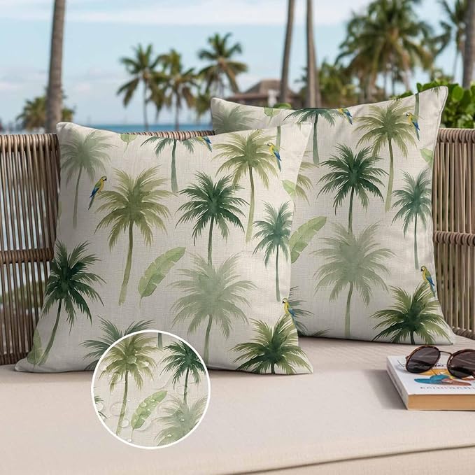 Yukro Summer Palm Tree Parrot Outdoor Waterproof Pillow Covers Pack of 2, Tropical Green Leaf Bird Retro Throw Pillowcases Decorative Cushion Covers for Garden Patio Tent Sofa Couch, 24x24 inch