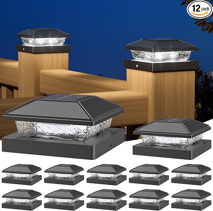 Solar Post Cap Lights,4x4 Post Solar Light Cool White,Black 12 Pack | Fence Post Solar Lights for 4x4 Post Caps Wood Vinyl, IP64 Waterproof Solar Post Lights Outdoor, Solar Deck Post Lights