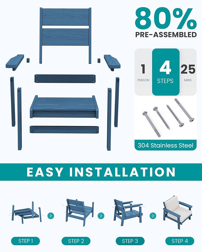 SERWALL HDPE Outdoor Couch Set of 2, Blue Frame and Khaki Cushion