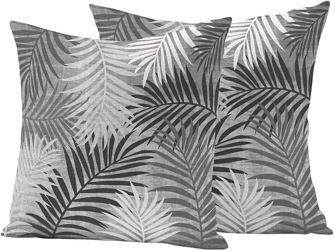 Outdoor Waterproof Throw Pillow Covers, Grey Palm Leaves Decorative Pillow Cases, Summer Botanical Tropical Leaf Couch Pillow Protector Patio Sofa Cushion Covers Replacement 24"x24" 2 Pack