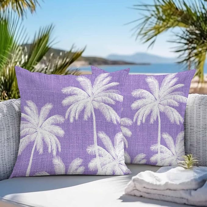 Outdoor Pillow Covers 18x18 Inch Set of 2, Purple Palm Trees Waterproof Throw Pillow Covers, Farmhouse Tropical Summer Beach Decorative Cushion Pillowcases for Couch, Sofa, Bed, Garden, Patio