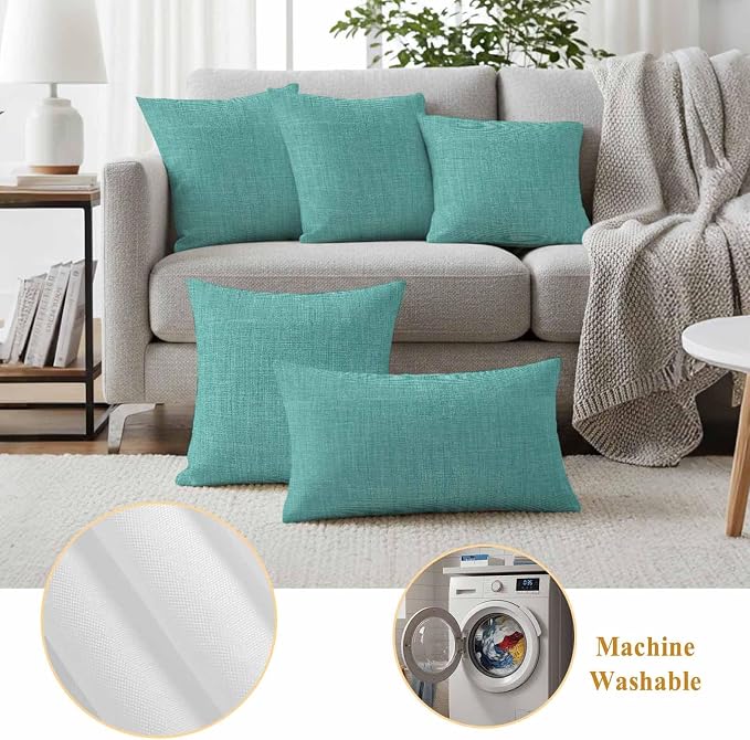 Outdoor Waterproof Throw Pillow Covers Set of 2 Turquoise Linen Pillowcases 16x16 Inches Farmhouse Pure Color Decorative Pillows Cushion Case Patio Pillows for Couch Bed Chair Garden