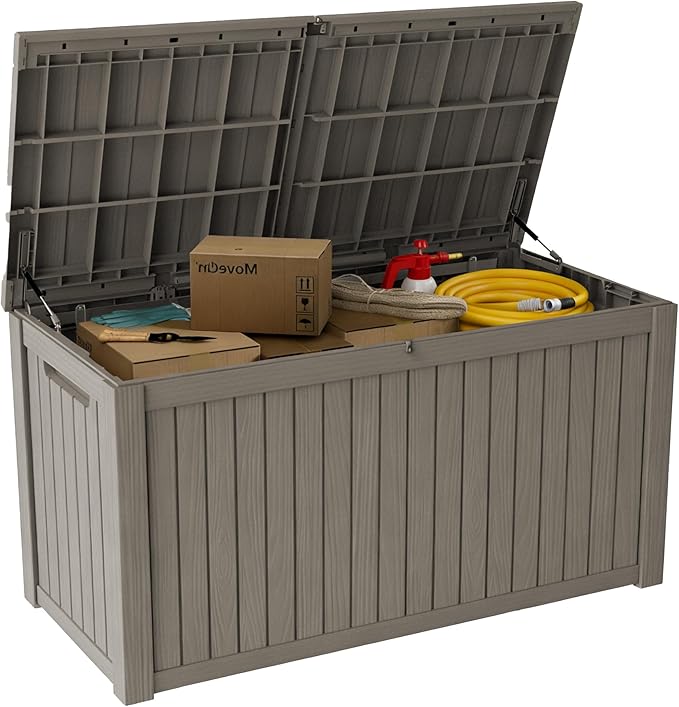 180 Gallon Deck Boxes Outdoor Waterproof, Outdoor Storage Box with Lockable Lid & UV-Resistant for Patio Furniture, Outdoor Cushions, Garden Tools and Pool Supplies, Light Brown