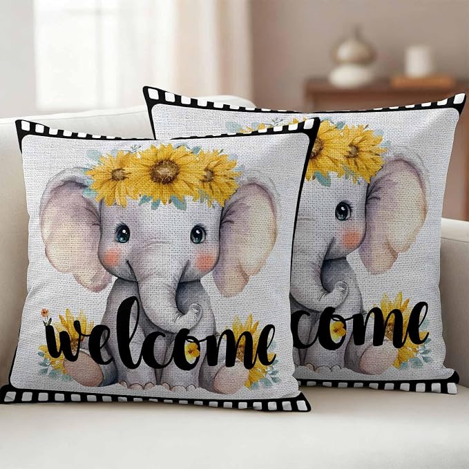 Cute Elephant Outdoor Pillow Covers 18x18 Inch Throw Pillow Covers Set of 2 Waterproof Decorative Pillow Cases Funny Sunflowers Animal Welcome Sign Linen Cushion Covers for Patio Furniture Garden