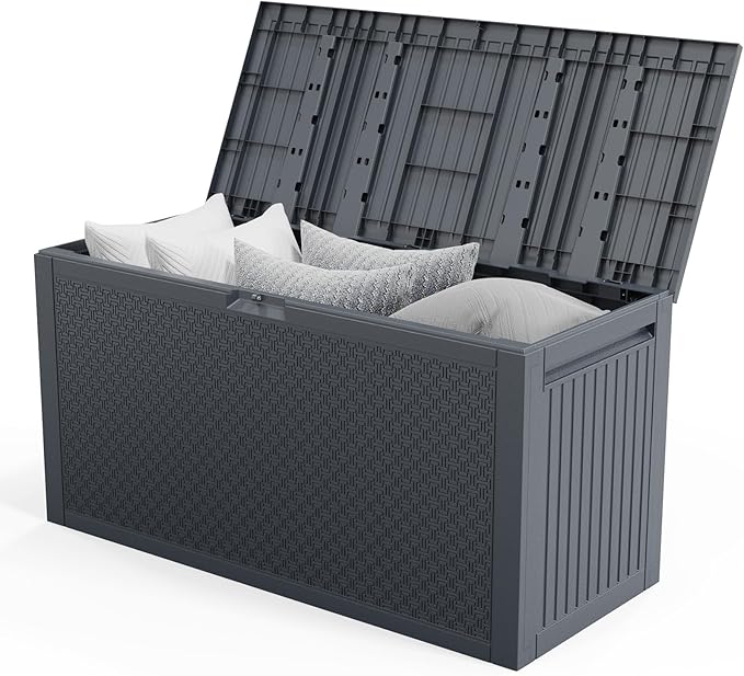 Outdoor Storage Deck Box, 90 Gallon Lockable Plastic Storage Containers with Lid, Patio Deck Box Furniture for Garden, Pool, Balcony, Yard (Gray)