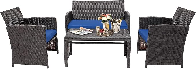HAPPYGRILL Set of 4 Rattan Conversation Set Outdoor Wicker Furniture Set with Tempered Glass Coffee Table, Soft Cushions, Weather-Resistant Rattan Chair Set for Garden Backyard Poolside