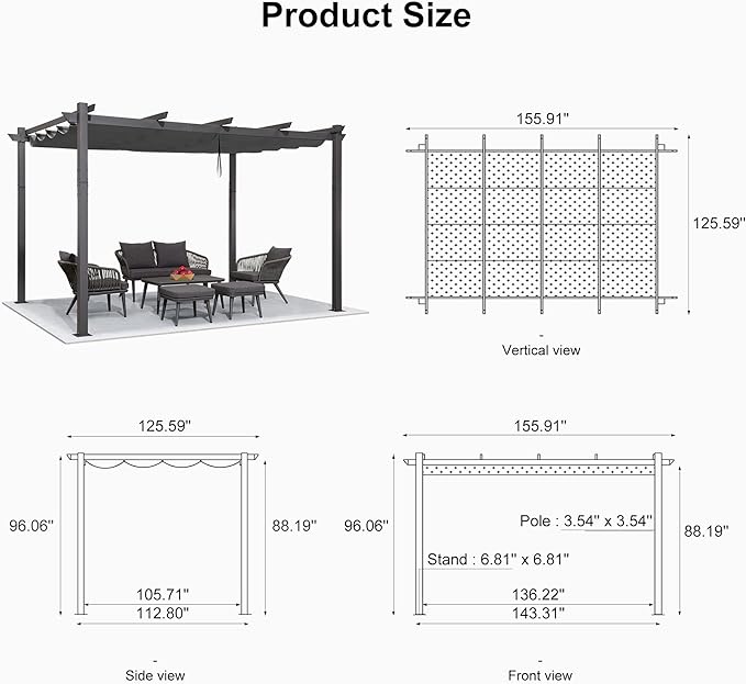 PURPLE LEAF 11' X 13' Outdoor Pergola with Retractable Canopy Aluminum Shelter for Porch Garden Beach Sun Shade Grape Trellis Pavilion Grill Gazebo Modern Backyard Deck Metal Patio Pergola Gray