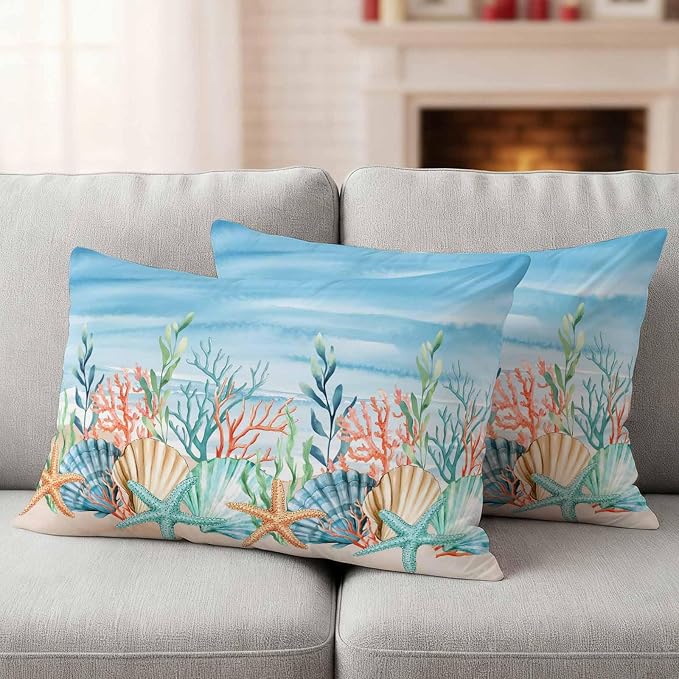 Lumbar Pillow Covers 20x12 Inch Set of 2, Summer Nautical Waterproof Outdoor Pillow Covers, Coastal Beach Starfish Coral Shell Blue Decorative Cushion Pillowcases for Couch, Sofa, Bed, Garden, Patio