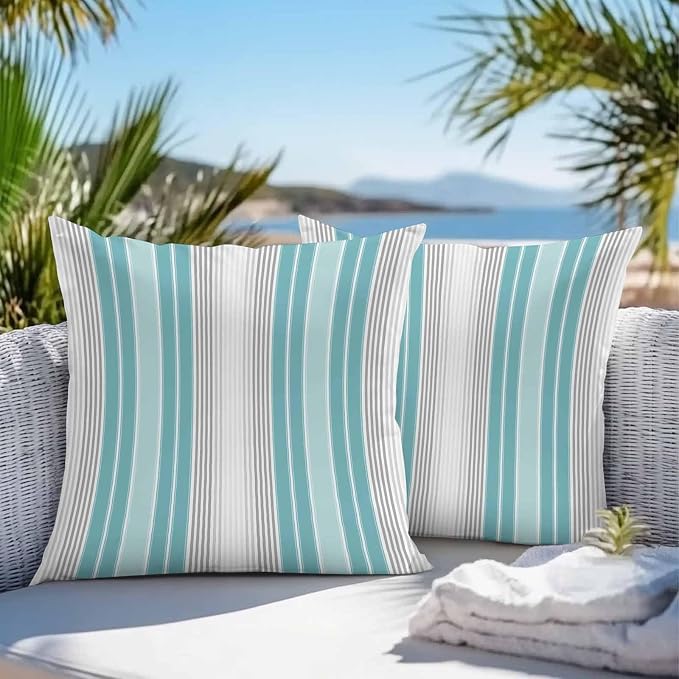 Chucoco Outdoor Waterproof Throw Pillow Cover, Teal Stripe Gray Line Decorative Pillows Cushion Covers, Minimalist Style 2 Pack Pillow Cases for Patio Garden Balcony Couch Sofa 20x20in