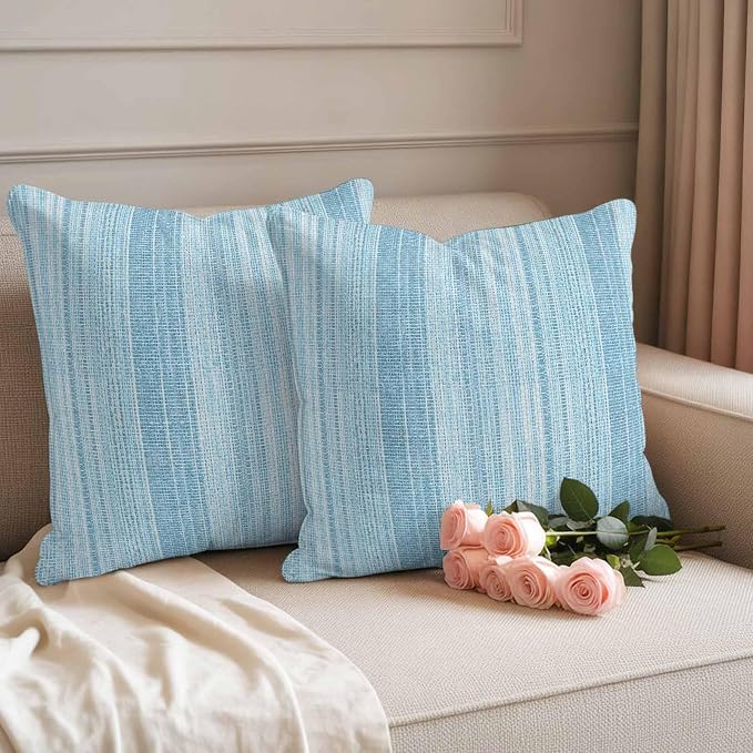Abstract Blue Outdoor Pillow Covers 16"x16" Set of 2, Rustic Farmhouse Minimalist Blue Vertical Striped Lines Waterproof Throw Pillow Covers for Patio Furniture, Decorative Cushion Covers for Porch