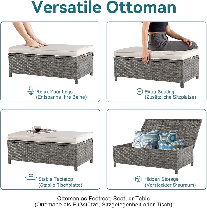 OC Orange-Casual 2-Piece Outdoor Patio Furniture Wicker Love-seat and Coffee Table Set, with Built-in Storage Bin, Grey Rattan, Beige Cushions