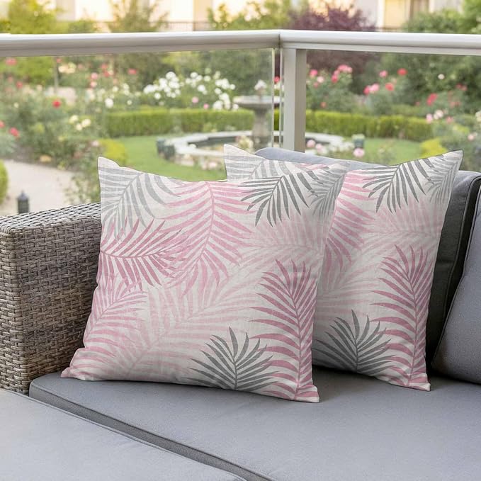 Outdoor Waterproof Throw Pillow Covers, Pink Grey Palm Leaves Decorative Pillow Cases, Summer Botanical Tropical Leaf Couch Pillow Protector Patio Sofa Cushion Covers Replacement 26"x26" 2 Pack