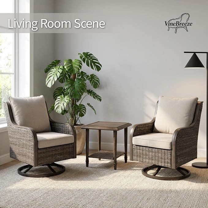 3-Piece Patio Furniture Set, 2 Swivel PE Wicker Chairs & Rattan Side Table, Outdoor Patio Swivel Rocker Seating for Porch Deck Balcony with Water-Resistant Cushions (Beige, 3-PCS)