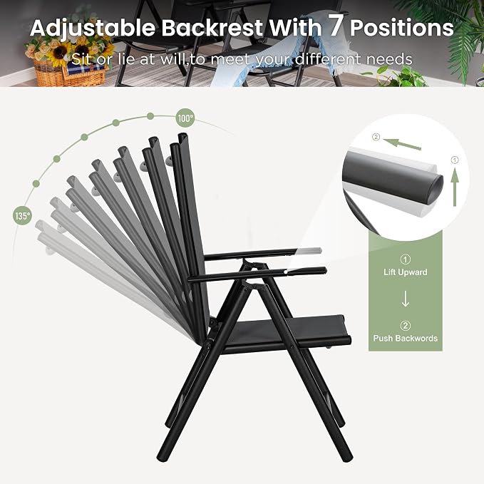 PHI VILLA Outdoor Patio Dining Set with Umbrella for 4, Folding Chairs | Light-weight & portable, Breathable & quick-drying textilene fabric, Weather-resiatant, 10Ft beige umbrella without base