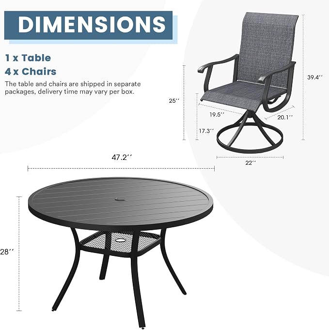 DIFY Outdoor Dining Set for 4, 5 Piece Patio Table and Chairs Set, Swivel Patio Dining Chairs with Dark Grey Textilene & 47.2" Black Round Metal Dining Table with Umbrella Hole, for Garden Backyard
