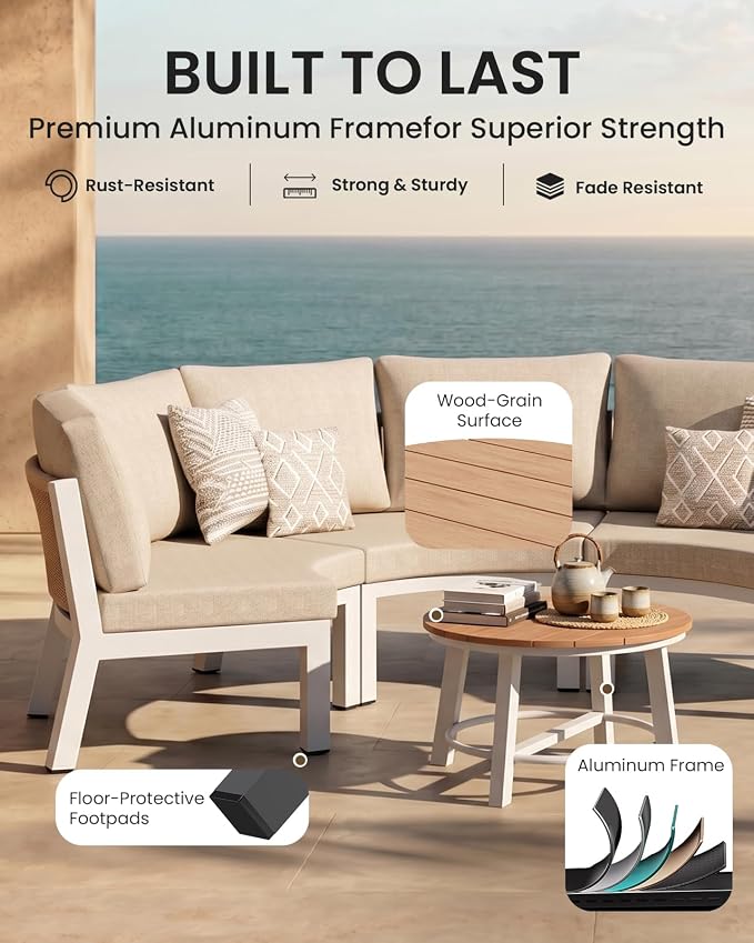Patio Furniture Set, Aluminum Half-Moon Patio Conversation Sets, Luxury Curved Sofa with PE Rope, All-Weather 4 Piece Outdoor Sectional with Modular Coffee Table & Cushions, White