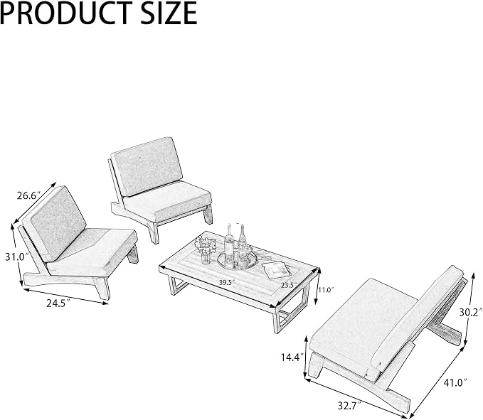 4 Piece Teak Outdoor Patio Frutnire Set, 4 Seater Patio Conversation Sets with Thick Cushions, Outdoor Sectional Furniture with Coffee Table - Navy Blue