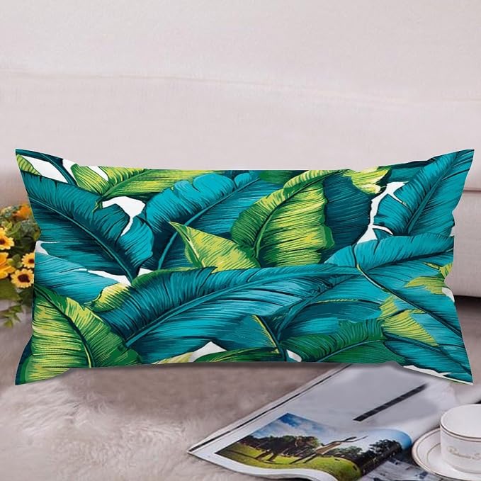 Set of 2 Turquoise Lime Green Teal Blue Aqua Tropical Plants Pillow Covers 12x24in Farmhouse Canvas Cushion Covers Outdoor for Couch Chair Home Decor for Family Friends