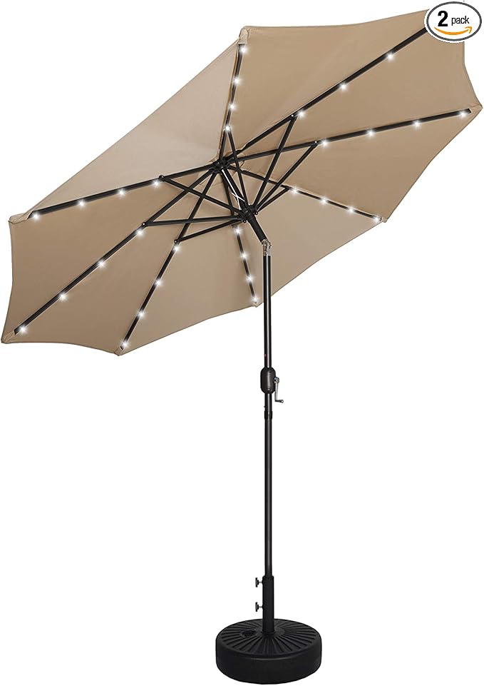 WO Home Furniture 9 Ft Patio Solar Power LED Lights Market Umbrella with Black Color Round Free Standing Weight Base kit, Beige