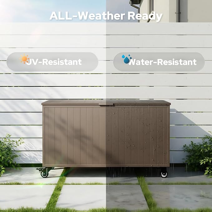 Outdoor Storage Box with Wheels 150 Gallon, Mobile Aluminum Deck Boxes Outdoor Waterproof, UV Resistant Patio Storage Box with Lid for Patio Furniture, Garden Tools, Outdoor Cushion (Brown)