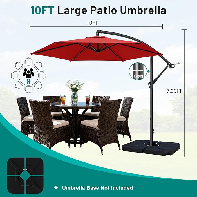 AreShark 10FT Patio Outdoor Umbrella, Offset Patio Umbrella Cantilever Umbrella, 6 Sturdy Ribs, Easy Adjustment for Garden Market Pool with Cross Base (Red)