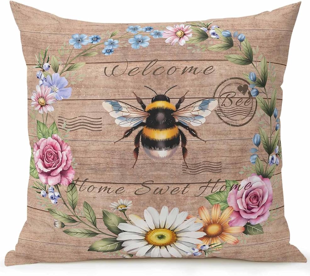 Outdoor Waterproof Throw Pillows Farmhouse Bee Flower Wreath Patio Pillows,Decorative Pillow Covers with Insert,Pillow Cushion Case for Garden Couch Sofa Farm Retro Wood Board
