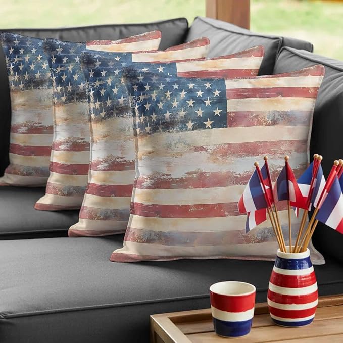 Retro American Flag Outdoor Pillow Covers 16"x16" Set of 2, Independence Day Waterproof Throw Pillow Covers for Patio Furniture, Decorative Cushion Covers for Porch