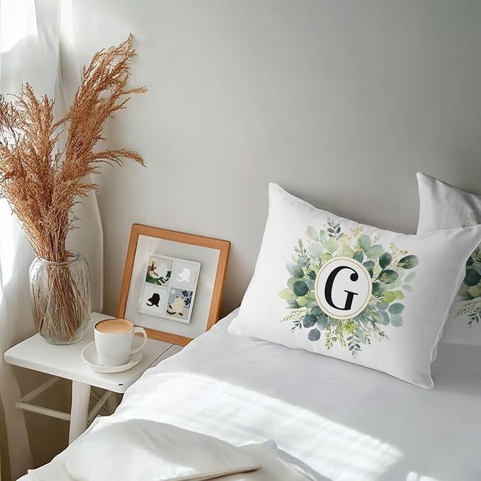 Letter G Waterproof Outdoor Pillow Covers Set of 2 Home Decor, Alphabet Green Eucalyptus Leaves Lumbar Pillowcase Patio Pillow Covers for Couch Bench Patio Furniture Garden 20x12in
