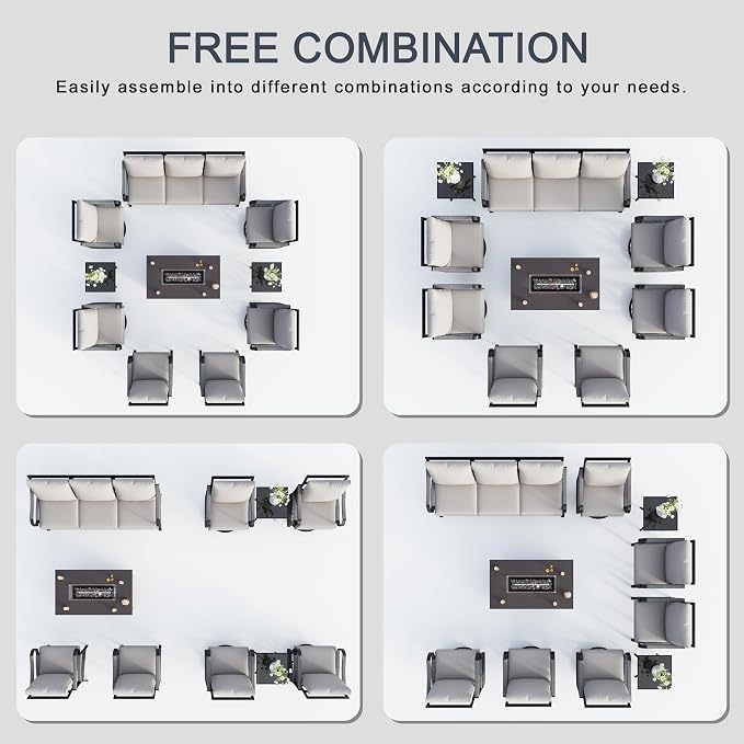 10 Pieces Outdoor Patio Conversation Sets, Outdoor Furniture Set Metal 3-Seater 4 Swivel Rockers with 2 Side Tables 2 Single Chairs with Fire Pit Table for Backyard Deck Porch Poolside, Beige