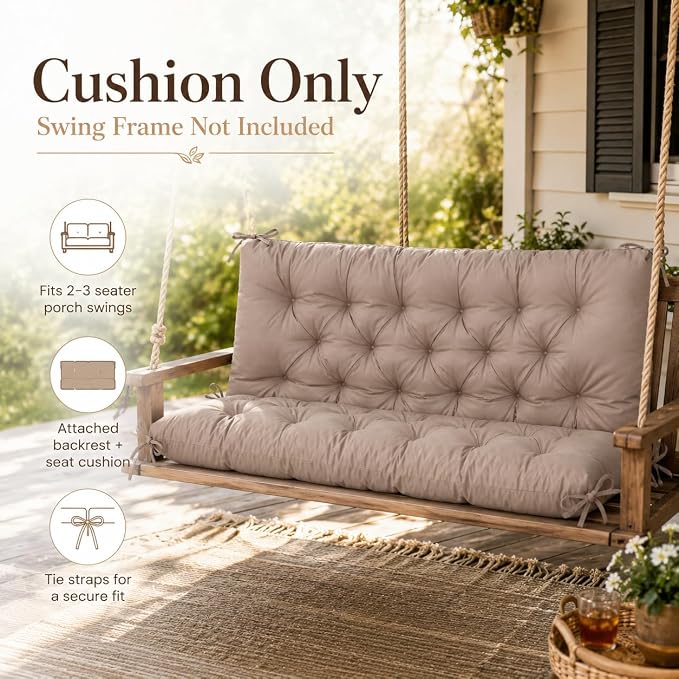 Outdoor Swing Cushion Replacement 60 x 40 Inch, Waterproof Porch Swing Cushions with Backrest and Ties, Thickened 2-3 Seater Patio Swing Bench Cushion for Outdoor Furniture, Porch, Garden, Backyard,