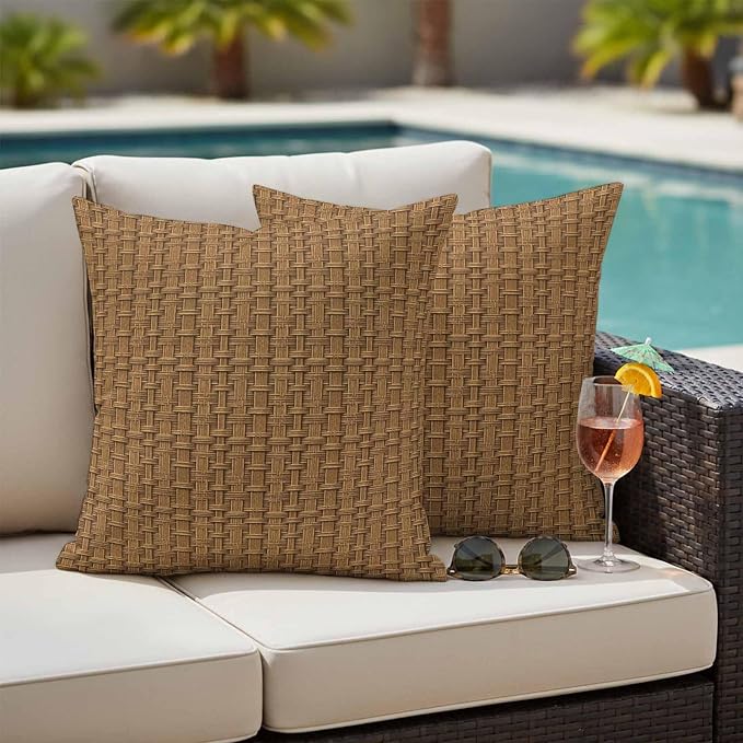 Outdoor Waterproof Throw Pillow Covers Set of 2 Brown Rattan Pillowcases 20x20 Inches Vintage Striped Lines Decorative Pillows Cushion Case Patio Pillows for Couch Bed Chair Garden