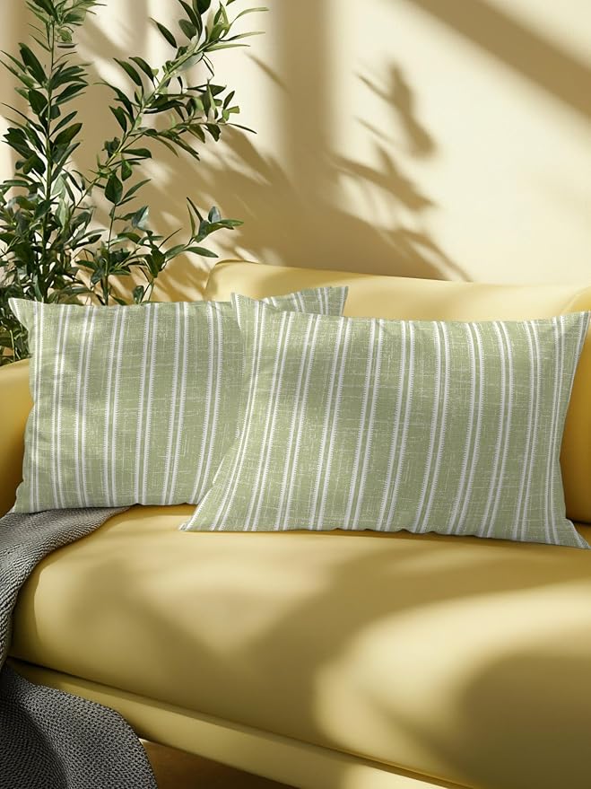 Waterproof Outdoor Pillow Set of 2 Sage Green Linen Striped Decorative Throw Pillows Cover & Insert 20x12 Inch Lumbar Pillowcase Vertical Stripes Lines Pillows for Couch Sofa Bed Patio Furniture